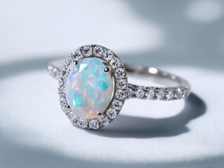 Opal Halo Ring with Diamond Accents in White Gold Setting