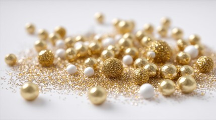 Metallic Dragees and Glitter Particles on White Surface Background