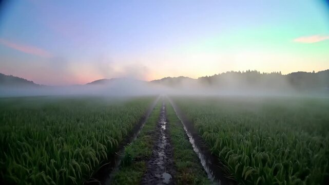Misty agricultural field at sunrise with rows of green crops and soft pastel sky over rolling hills and distant buildings