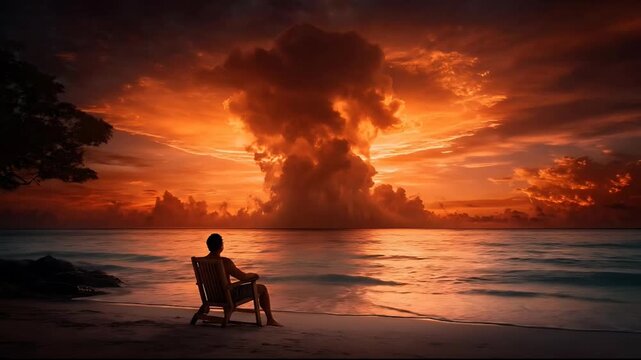 A person sits alone in a chair on a serene beach watching a dramatic fiery volcanic eruption at a beautiful golden sunset.