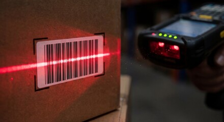 Handheld barcode scanner scanning a code on a cardboard box in a warehouse, representing logistics and inventory management technology