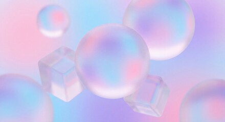 Abstract 3D composition of floating translucent glass spheres and cubes on a soft pastel blue and pink gradient background for modern web design