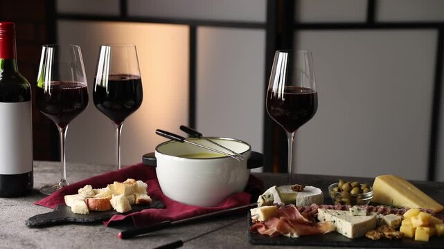 Fondue pot (caquelon) with melted cheese, wine and snacks on gray textured table indoors. Camera moving left