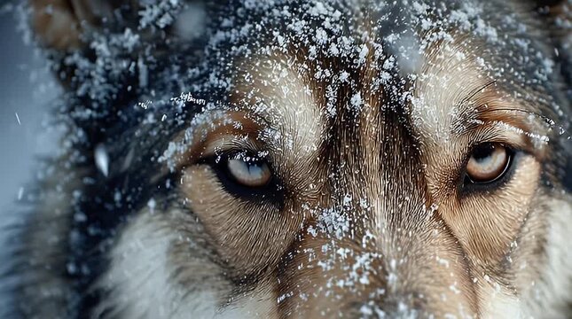 A close-up view of a wolf's face covered in snow, showcasing its piercing eyes in a winter landscape.