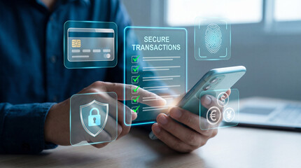 Man using smartphone with secure transaction icons and credit card graphics floating above