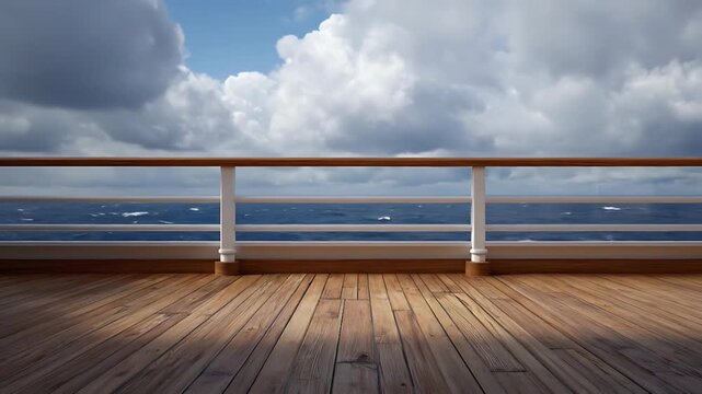 A serene wooden deck with a railing overlooking the ocean under a cloudy sky viewpoint with 16mm lens capturing 258 frames