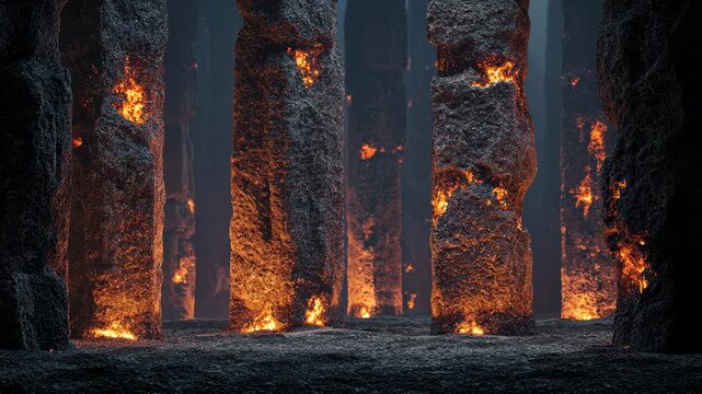 Fiery Cavern with Glowing Rock Formations and Lava Backlit by Mysterious Shadows and Light