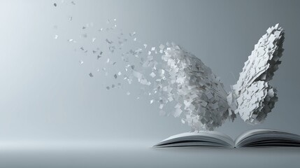 Continuous Learning Growth Symbolized by a White Paper Butterfly Emerging from an Open Book
