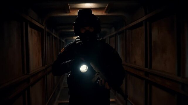 Exploring Dark Corridors: Security Guard on Patrol with Flashlight and Rifle