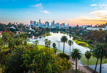 Los Angeles skyscrapers at sunset from Echo Park Lake