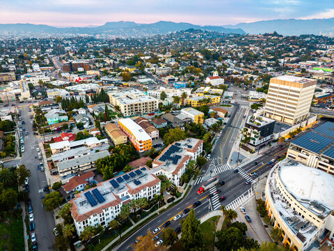 Downtown Los Angeles aerial panorama at sunset