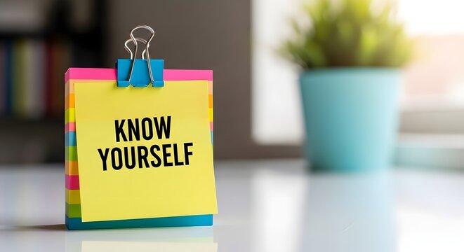 KNOW YOURSELF message prominently displayed on a vibrant stack of yellow sticky notes, symbolizing the journey of self-reflection, personal growth, and inner understanding