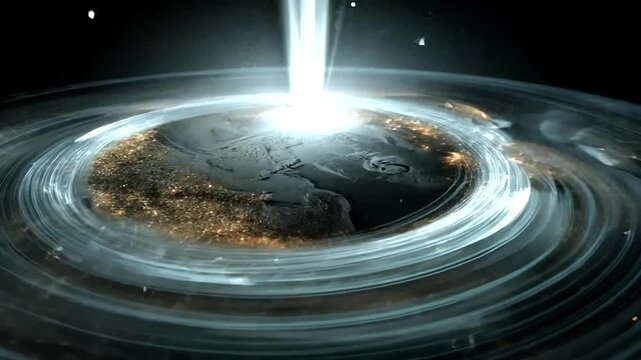 futuristic visualization of Earth with luminous energy rings and cosmic illumination emphasizing