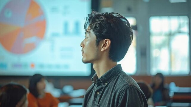 Young man focused on data presentation in a modern classroom setting