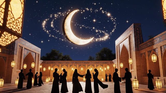 Silhouetted People Dancing Under Lanterns and Crescent Moon in Majestic Night Sky with Sparkling Stars and Magical Glowing Atmosphere