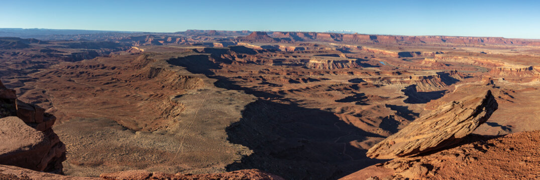 This Canyonlands National Park panorama features The Murphy Hogback, White Rim Road, and The Green River.