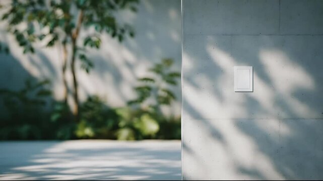 Serene outdoor scene with plants and shadows on a concrete wall, captured from a frontal viewpoint in a video format.