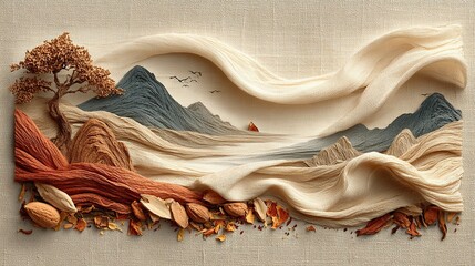 Traditional Chinese Medicine Style Background with Herbal Elements and Ink Landscape