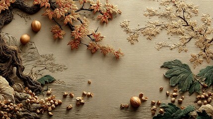 Traditional Chinese Medicine Style Background with Herbal Elements and Ink Landscape