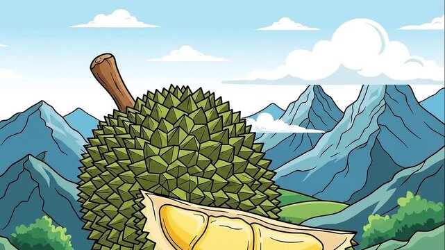 Durian Fruit Illustration against Mountain Landscape Background