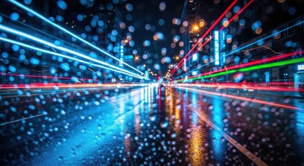 Cityscape light trails reflecting off wet pavement under a blurred rainy window view