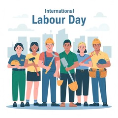 Obraz premium A powerful Labour Day illustration celebrating workers and labor rights, featuring diverse professions, teamwork, solidarity, and industrial elements, expressing respect, dignity