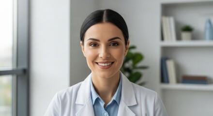 Confident healthcare professional with bright smile in clinical office environment background