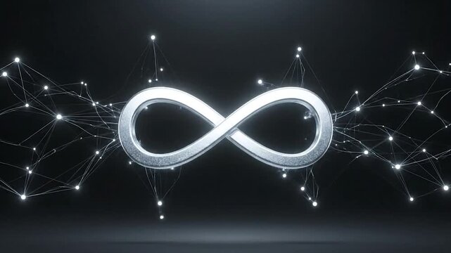 A metallic infinity symbol with illuminated nodes and lines connected against a dark background