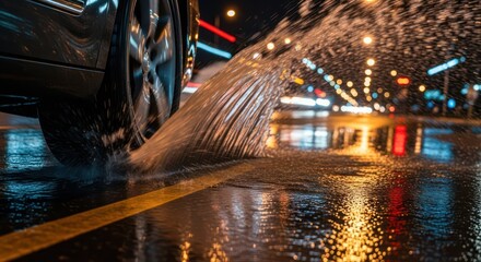 Night drive through illuminated city, tire splashing in rain on a wet road