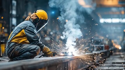 Industrial female welder in protective gear working on steel beam with bright sparks and smoke in factory - Powered by Adobe