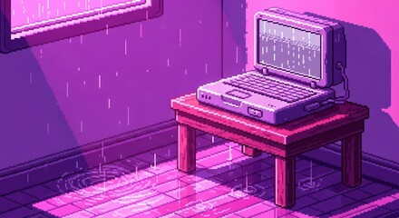 Pixelated tranquility retro laptop rainfall ambience digital art aesthetic indoors