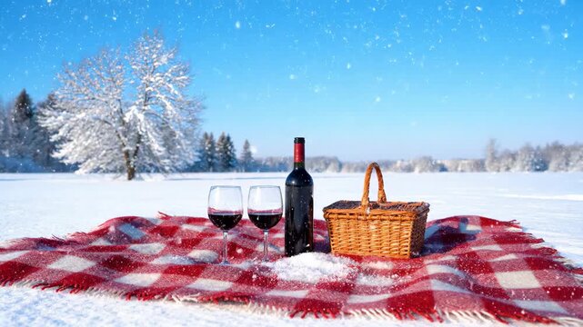 Winter Picnic Scene with Wine and Basket.