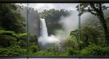 Spectacular waterfall plunges through verdant foliage as seen through window panels