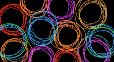 Vibrant circles interlaced patterns abstract geometric background isolated on black for art design