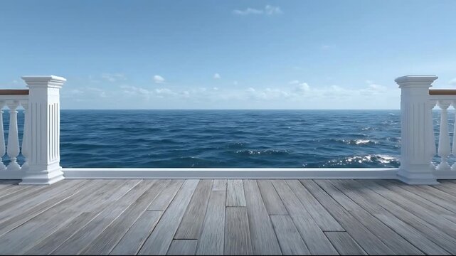 Serene ocean view from a wooden deck with white railings overlooking the sea