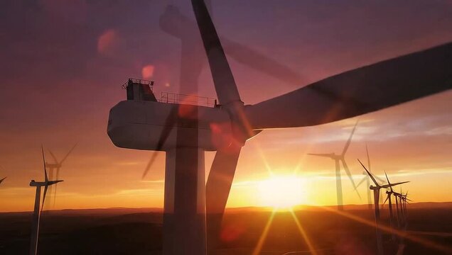 Silhouettes of Wind Turbines Against a Colorful Sunset Sky Over a Vast Horizon
