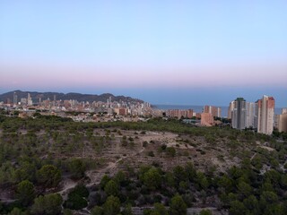 Obraz premium twilight coastal vista, serene seaside skyline at dusk, calm twilight view over pine and city