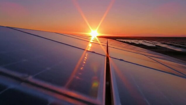 Stunning Sunset Over Solar Panels with Vibrant Sun Rays and Reflections in a Scenic Landscape