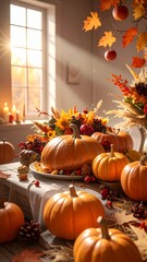 Obraz premium Warm Autumn Glow - A Thanksgiving Feast with Pumpkins and Falling Leaves.
