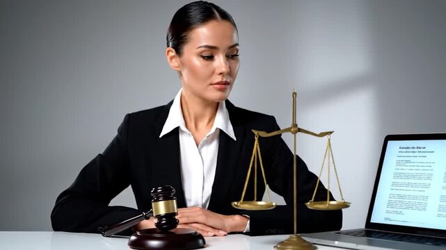 A serious female professional in a suit holds a gavel and scales, looking directly at the viewer