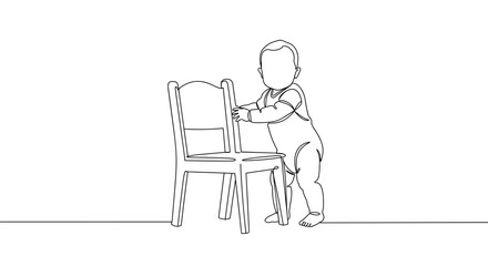 Line drawing of baby pulling up on chair in playful indoor setting on a transparent background