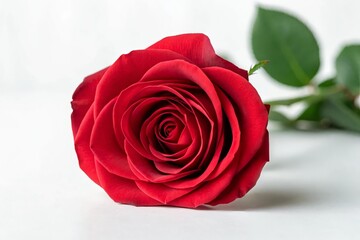 Fresh Red Rose with Green Leaves on White Background