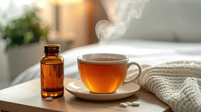 Hot tea and medicine on a bedside table for comfort and wellness