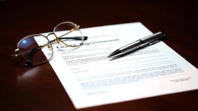 A lease agreement lies on a desk with glasses and a pen. A professional setup