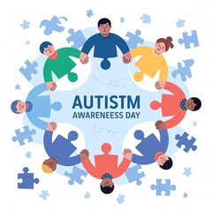 Fototapeta premium An inclusive World Autism Awareness Day illustration symbolizing neurodiversity, support, empathy, and acceptance, featuring puzzle elements, blue tones, diverse people, and a positive, hopeful atmosp