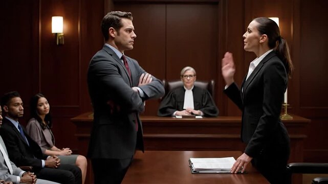 Two lawyers argue in a courtroom, judge watches from the bench, audience in the background