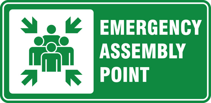 emergency assembly point sign poster label signage isolated printable vector template illustration design.