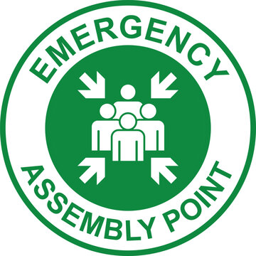 emergency assembly point sign printable label sticker signage for factory industry template vector isolated design