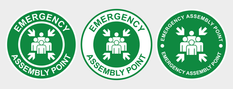 emergency assembly point sign set bundle label sticker signage for factory industry template vector isolated design