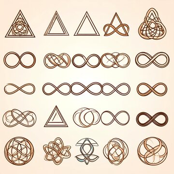 Collection of intricate Celtic knot designs and infinity symbols, showcasing various interwoven patterns and geometric shapes.